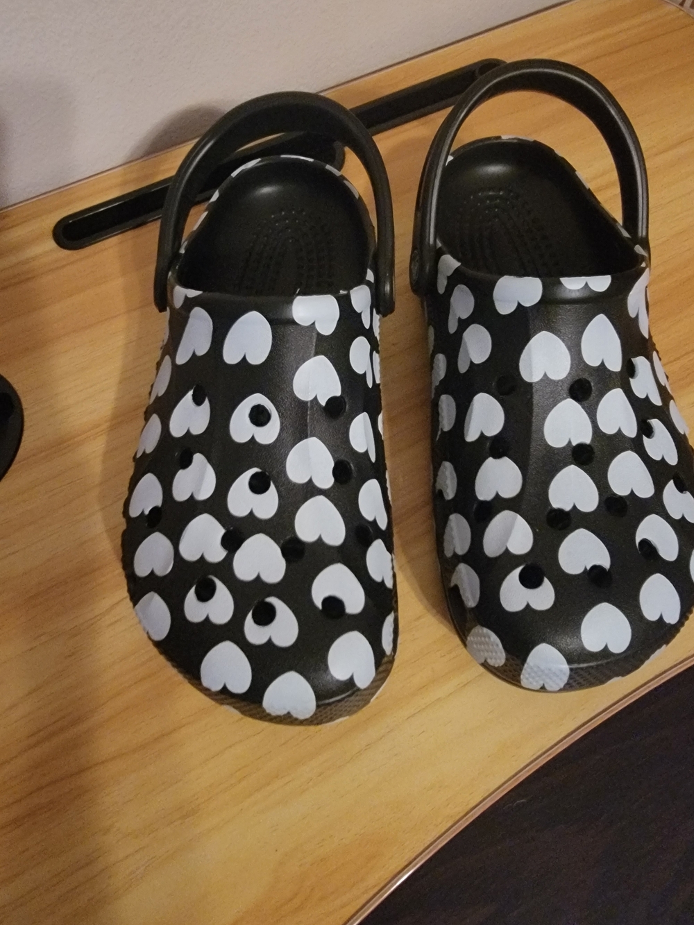 CROCS Black and White Heart Pattern Clogs